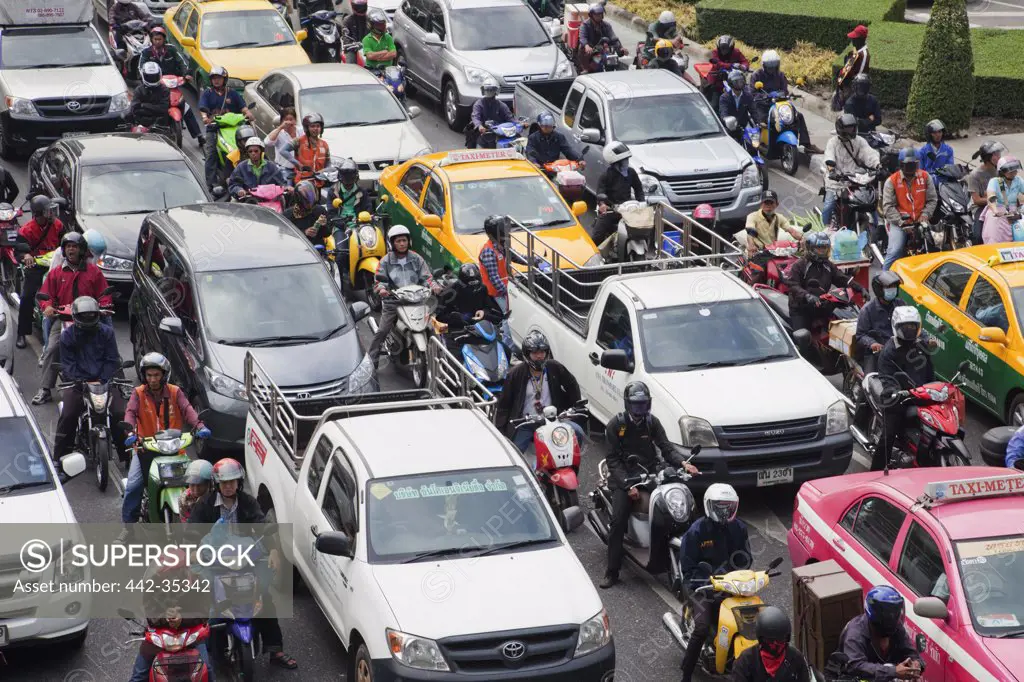 High angle view of traffic jam, Bangkok, Thailand