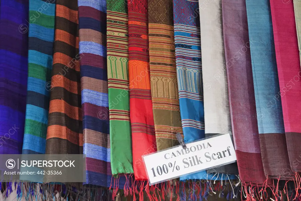 Details of silk scarves in a store, Siem Reap, Cambodia