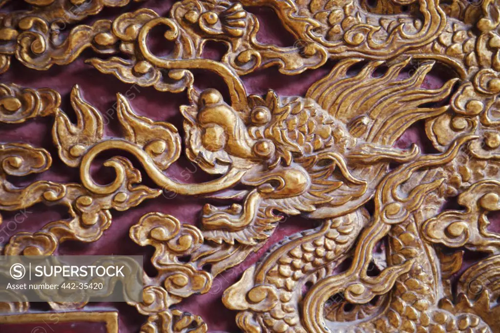 Carving of a dragon in a temple, Temple Of Literature, Hanoi, Vietnam