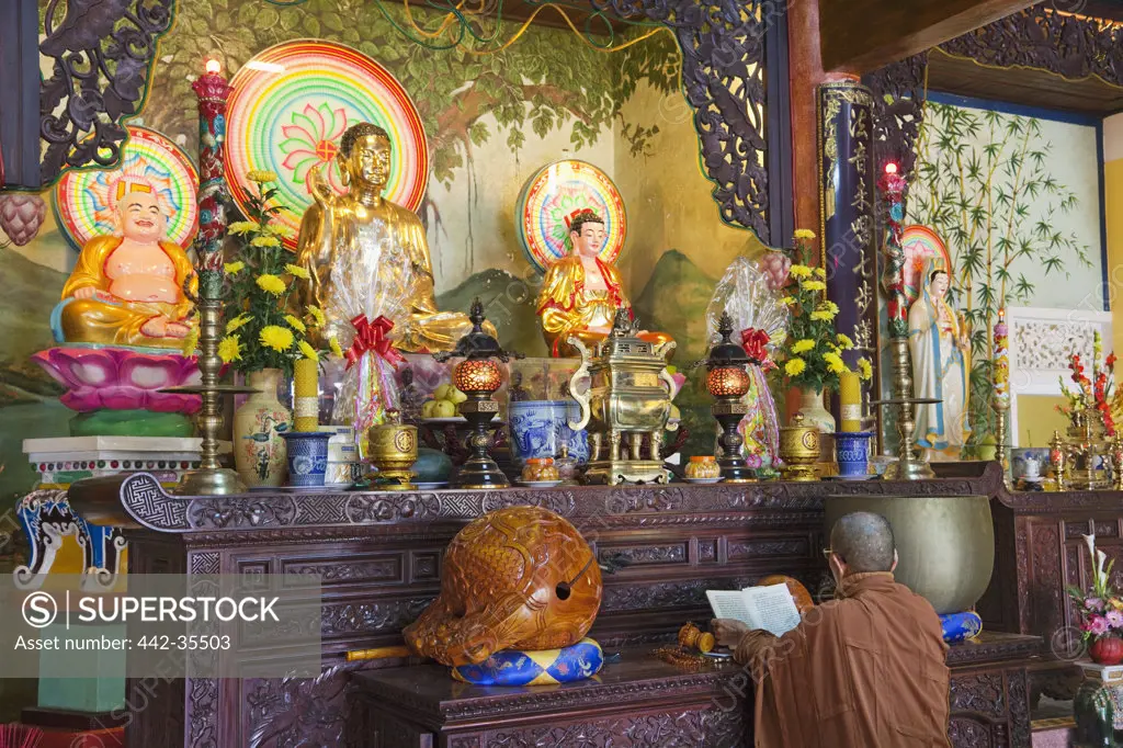 Priest praying in a temple, Phap Bao Temple, Hoi An, Vietnam