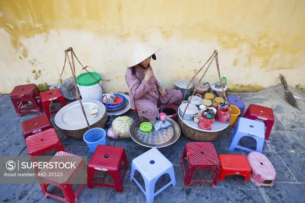 Woman selling products at a market stall, Hoi An, Quang Nam, Vietnam