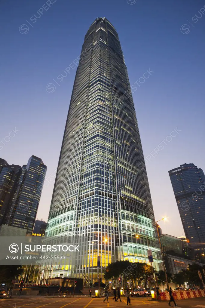 Low angle view of a skyscraper at dusk, International Finance Centre, Central District, Hong Kong, China