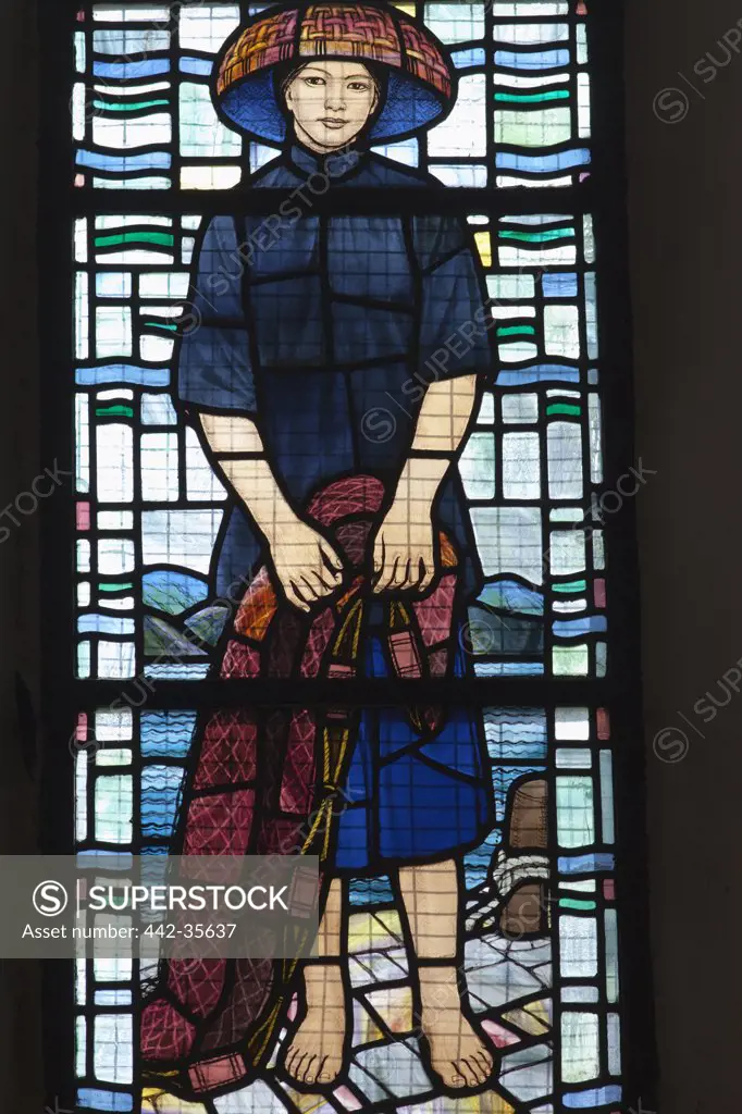 Hakka fishing woman painting on stained glass window, St. John's Cathedral, Central District, Hong Kong, China