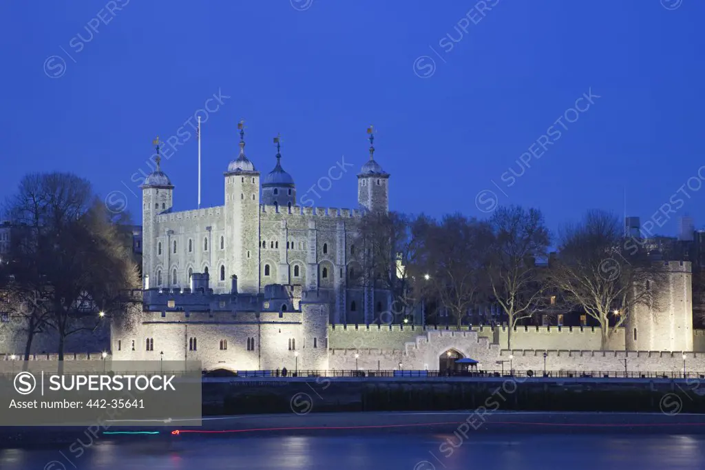 Historic castle in a city at night, Tower Of London, London, England