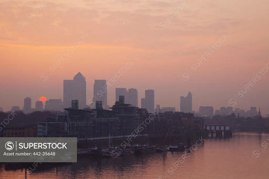 Buildings at waterfront, Thames River, Docklands, London, England