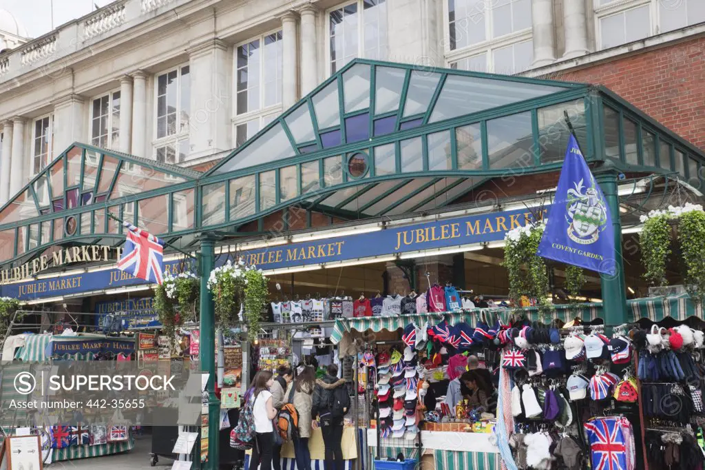 Facade of stores at Jubilee Market, Covent Garden, London, England