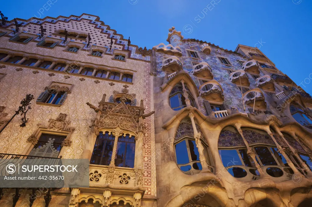 Low angle view of buildings, Casa Batllo, Casa Amatller, Barcelona, Catalonia, Spain