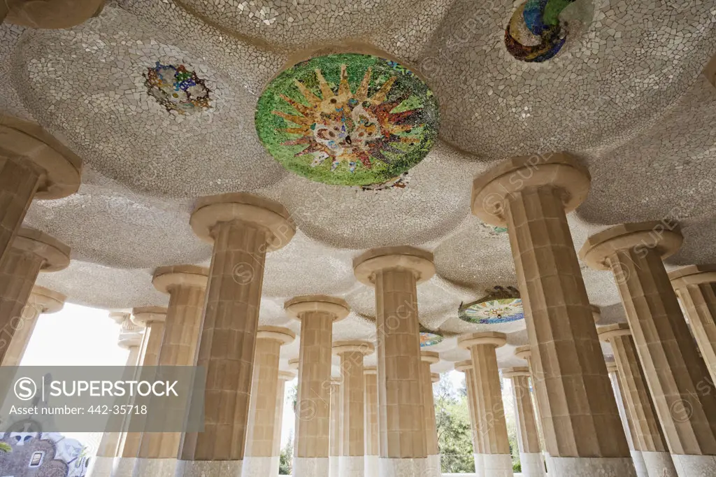 Architectural details of the Hall of Columns, Parc Guell, Barcelona, Catalonia, Spain