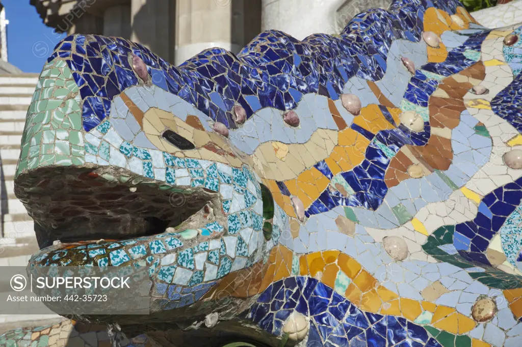 Details of mosaic dragon fountain, Parc Guell, Barcelona, Catalonia, Spain
