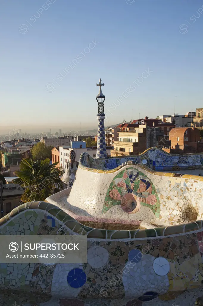 Gaudi's mosaic work on the main terrace, Parc Guell, Barcelona, Catalonia, Spain