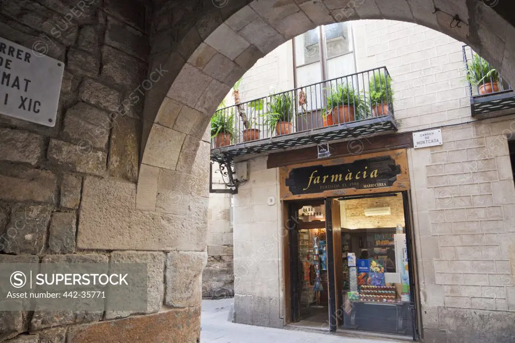 Facade of a pharmacy shop, Gothic Quarter, Barcelona, Catalonia, Spain
