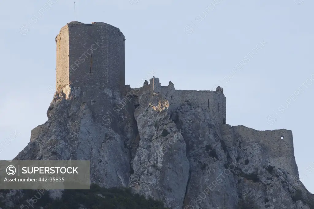 Castle on a hill, Queribus Castle, Pyrenees, Aude, Languedoc-Rousillon, France