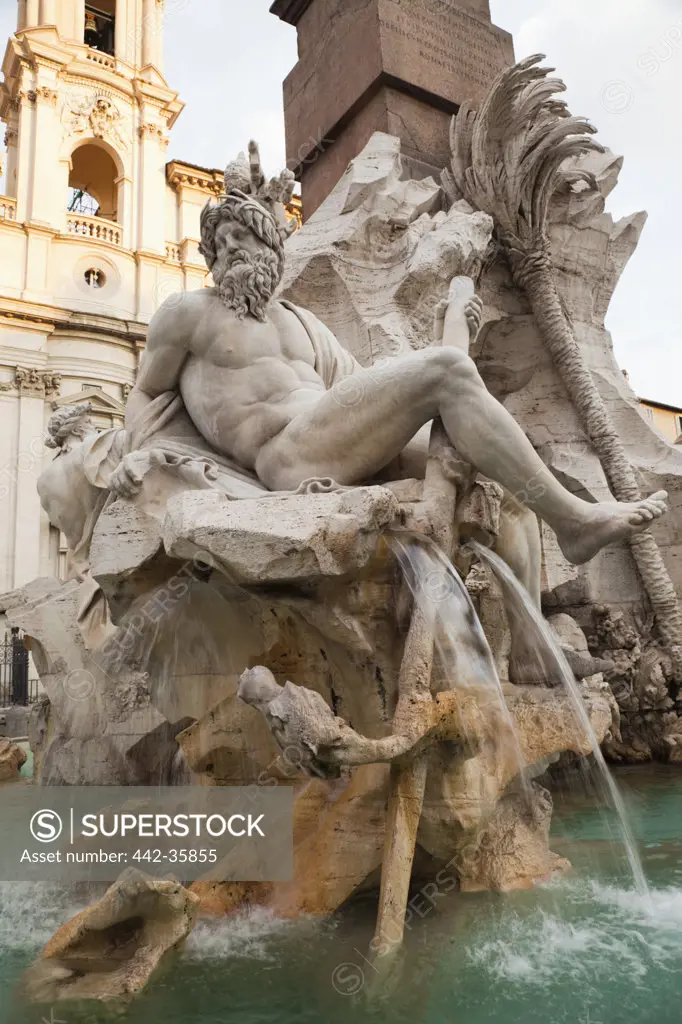 Italy, Rome, Detail of Fountain of the Four Rivers, showing river-god Ganges