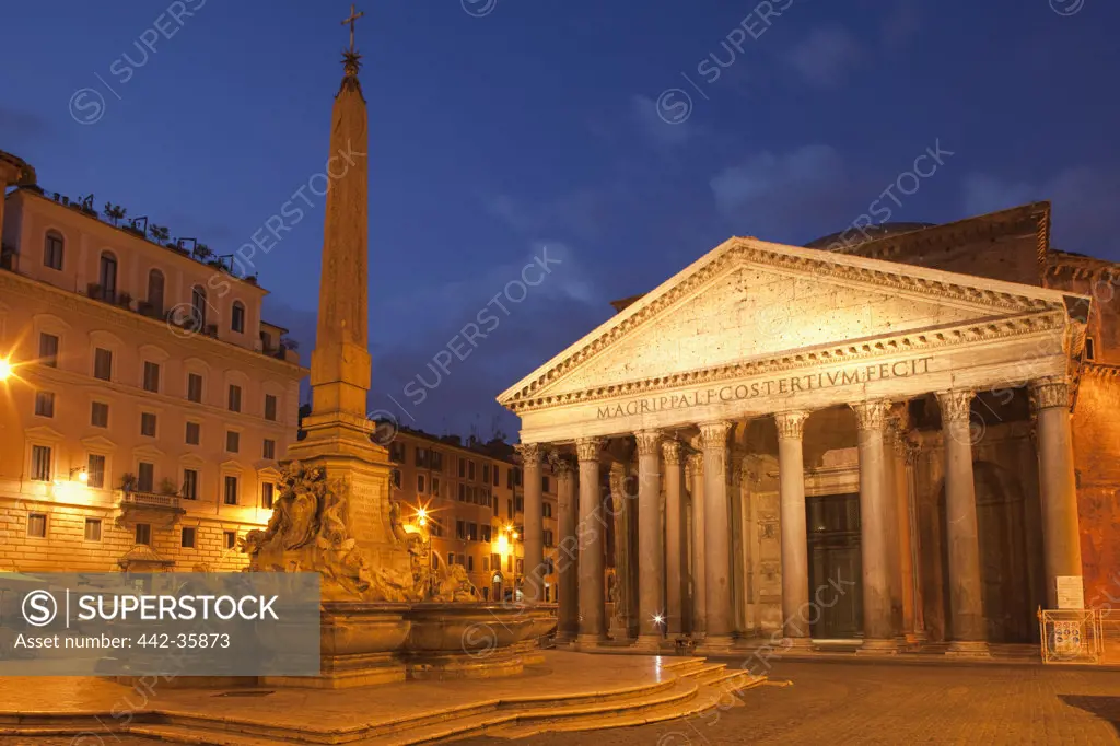 Italy, Rome, Fontana del Pantheon and Pantheon illuminated at night