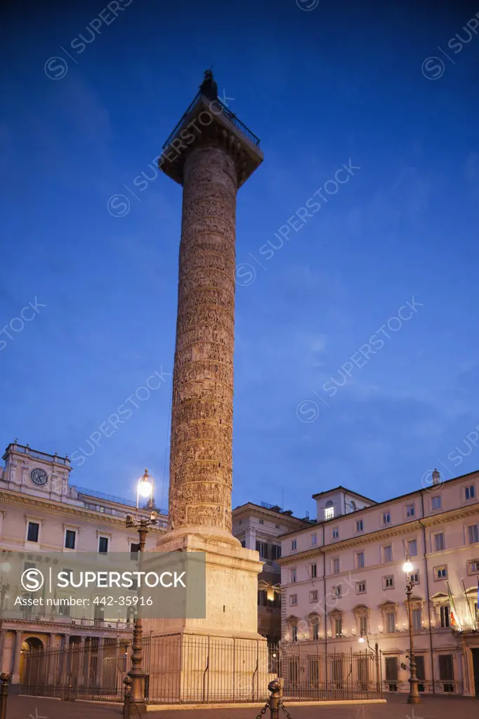 Italy, Rome, Column of Marcus Aurelius at night