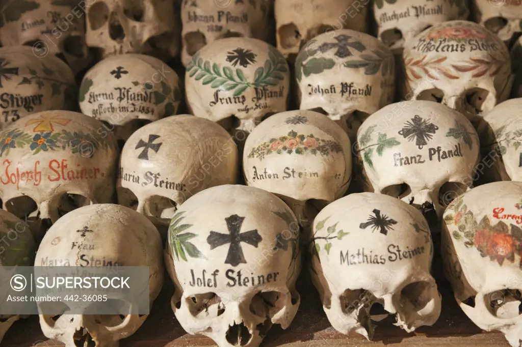 Skulls in the Charnel House, Chapel of St. Michael Church, Hallstatt, Salzkammergut, Austria