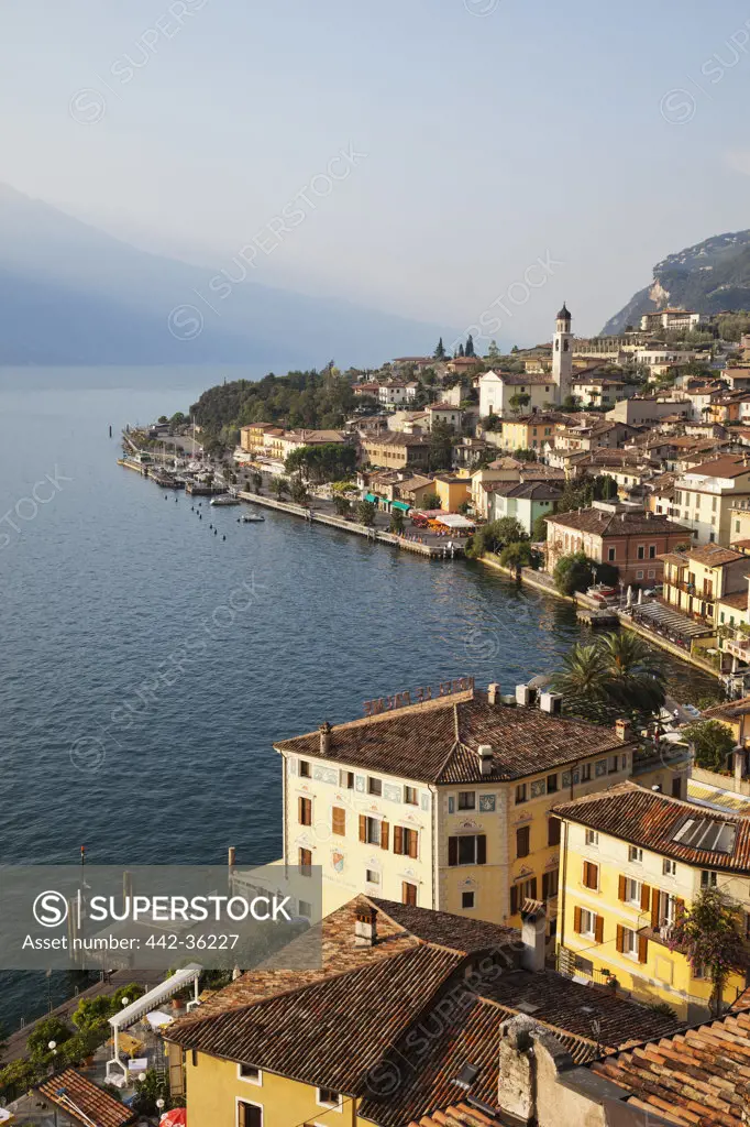 High angle view of a town at the waterfront, Limone Sul Garda, Lake Garda, Lombardy, Italy
