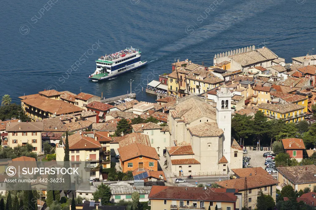 High angle view of a town at the waterfront, Malcesine, Lake Garda, Veneto, Italy