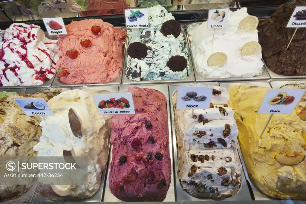 Italian gelato in display case, Malcesine, Lake Garda, Veneto, Italy