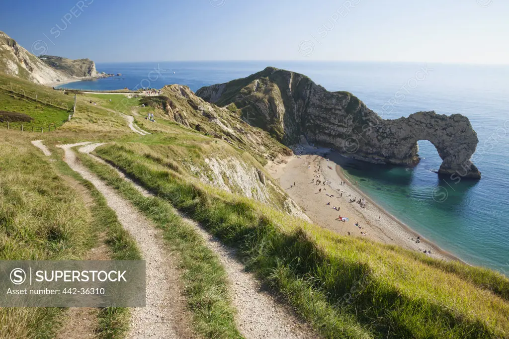 Cliff top footpath at a coast, Durdle Door Beach, Jurassic Coast, Dorset, England