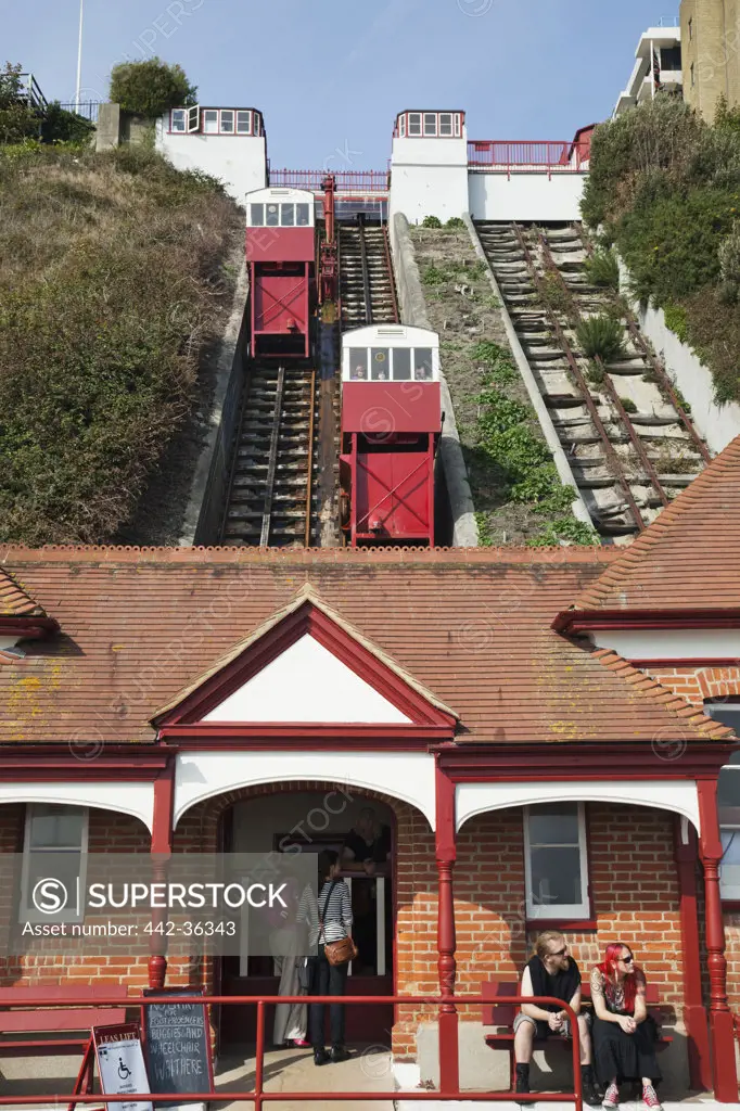 Low angle view of Leas Cliff Lifts, Folkestone, Kent, England