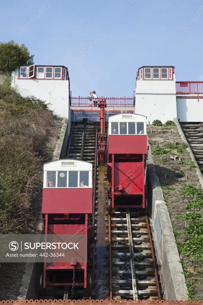 Low angle view of Leas Cliff Lifts, Folkestone, Kent, England