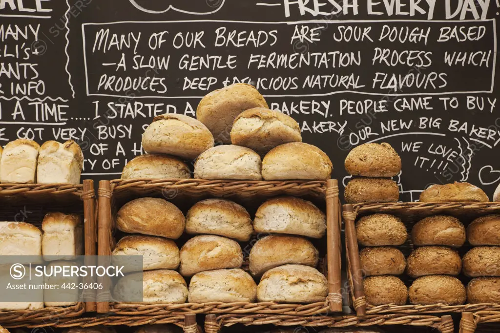 Breads display at a bakery, Borough Market, Southwark, London, England