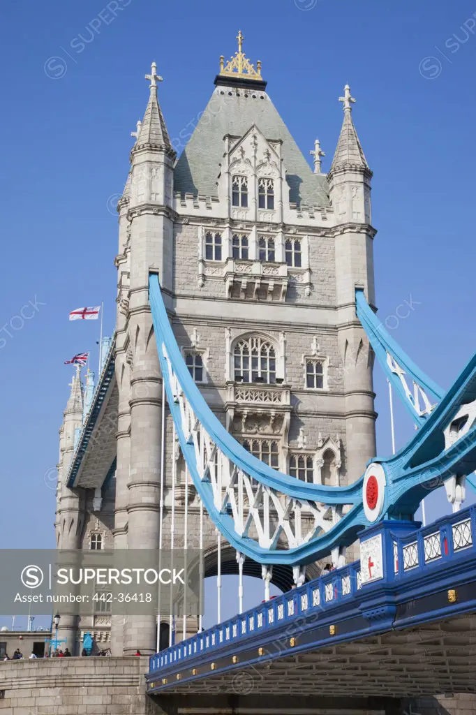 Low angle view of a bridge, Tower Bridge, Thames River, London, England