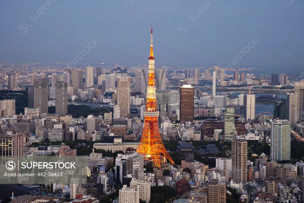 View of Tokyo Tower and city skyline from Tokyo City View Tower, Roppongi, Minato Ward, Tokyo, Japan