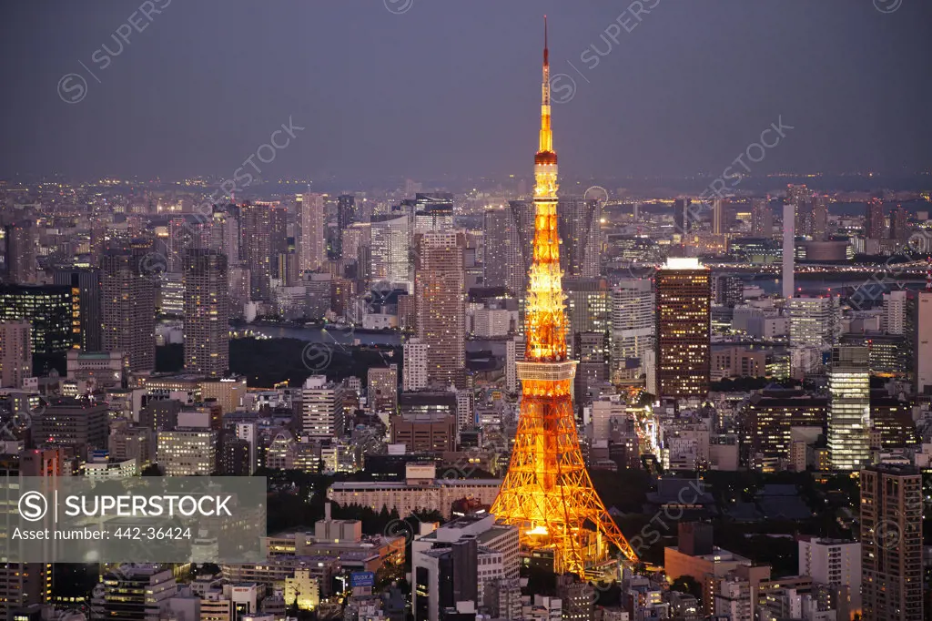 View of Tokyo Tower and city skyline from Tokyo City View Tower, Roppongi, Minato Ward, Tokyo, Japan