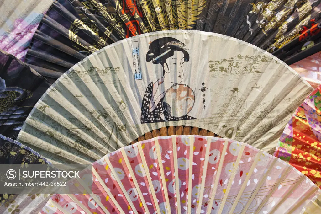 Detail of traditional Japanese hand fans at a stall, Nakamise Shopping Street, Asakusa Kannon Temple, Asakusa, Tokyo, Japan