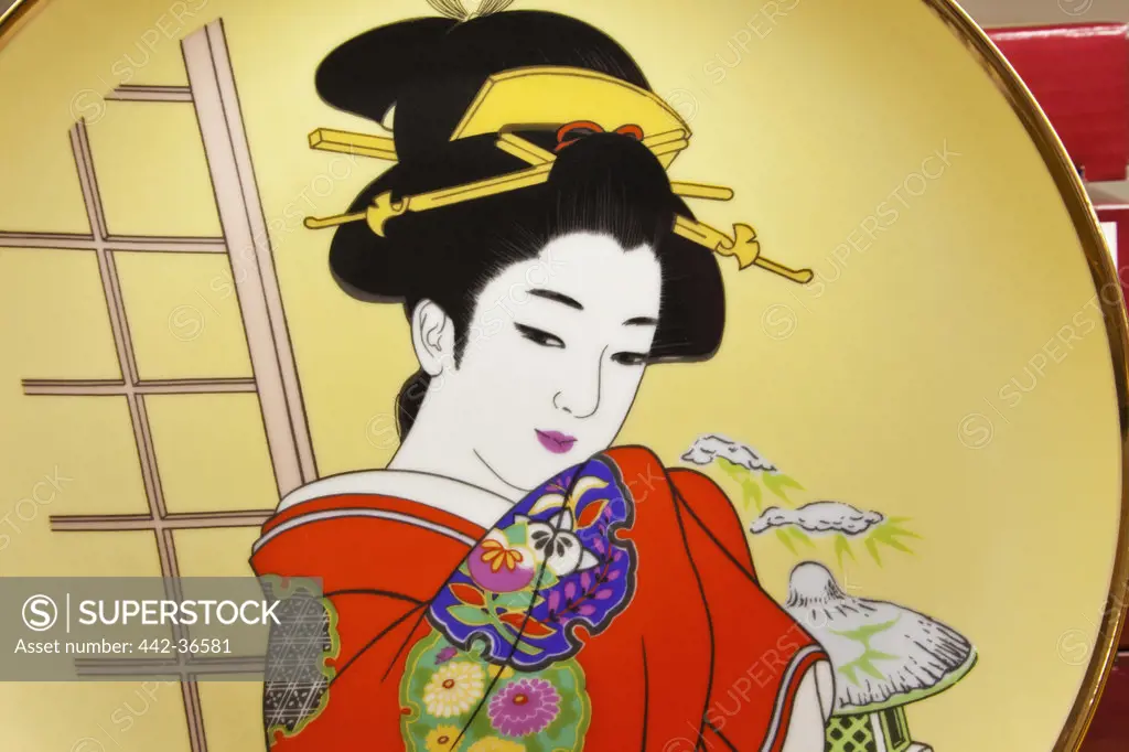 Souvenir plates depicting geisha, Ginza, Tokyo, Japan