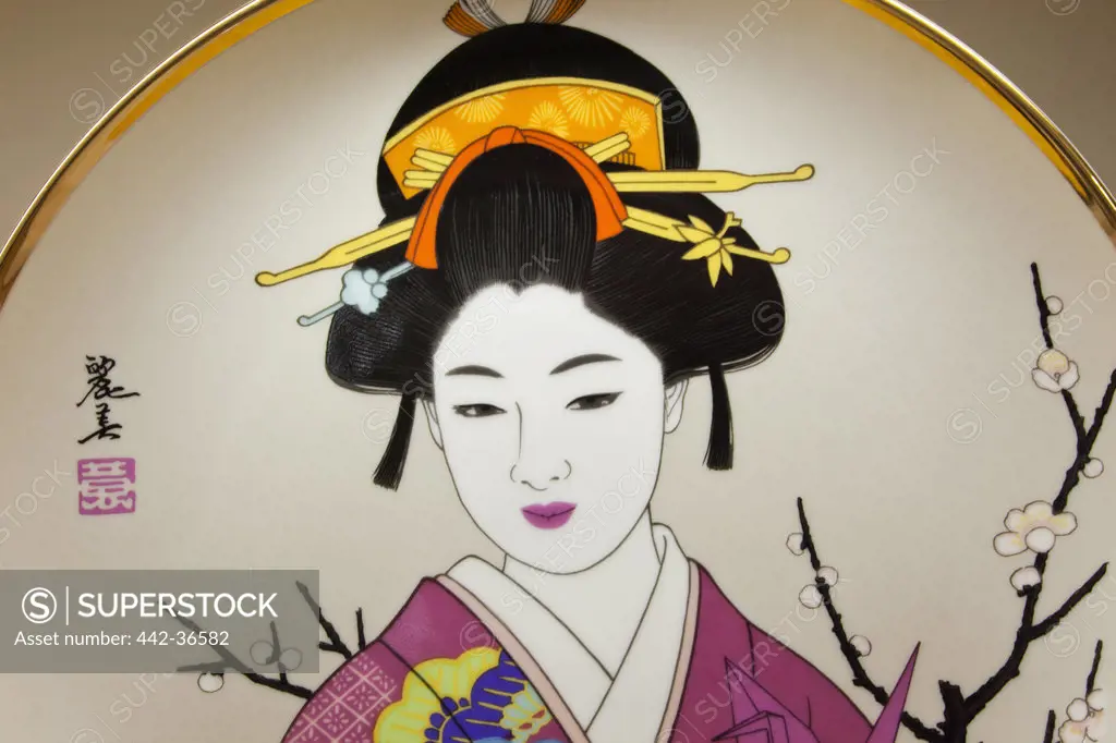 Souvenir plates depicting geisha, Ginza, Tokyo, Japan