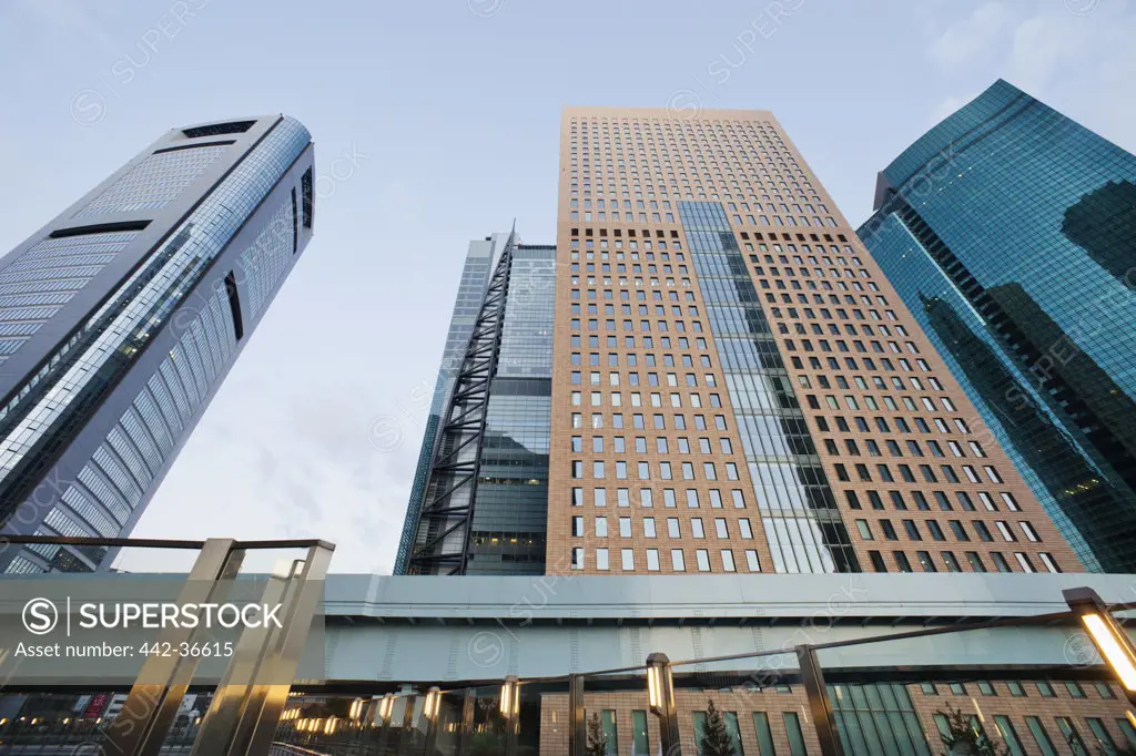 Low angle view of skyscrapers, Shiodome Media Tower, Shiodome, Tokyo, Japan