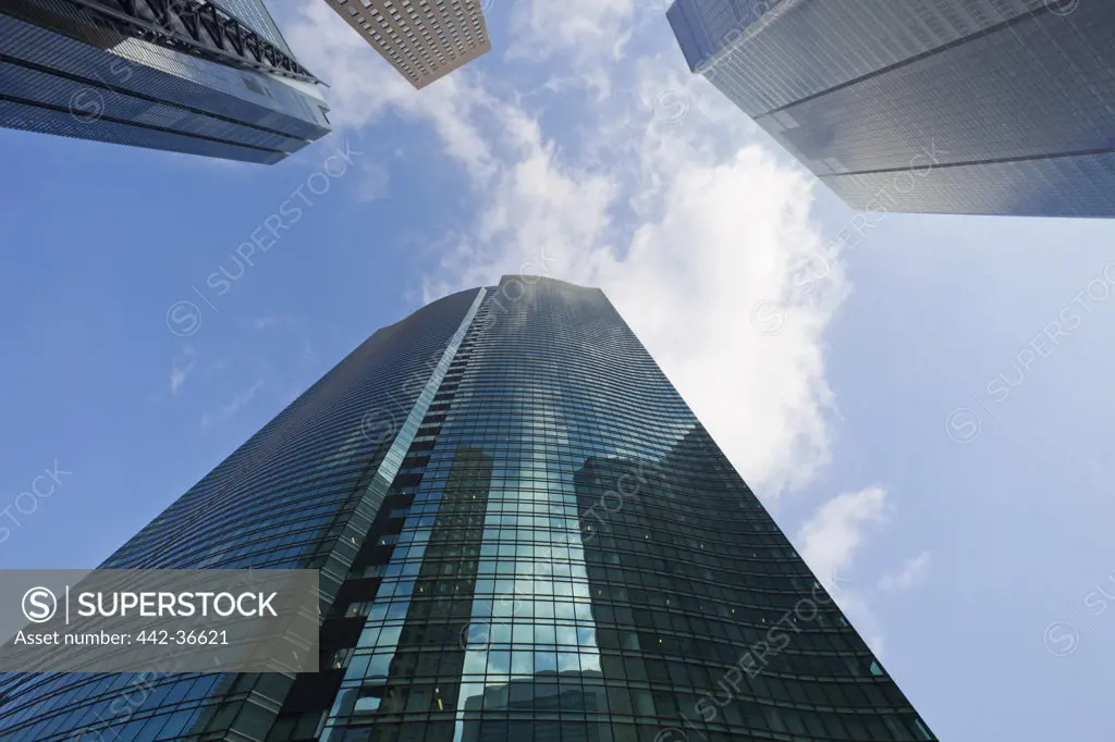 Low angle view of skyscrapers, Shiodome, Tokyo, Japan