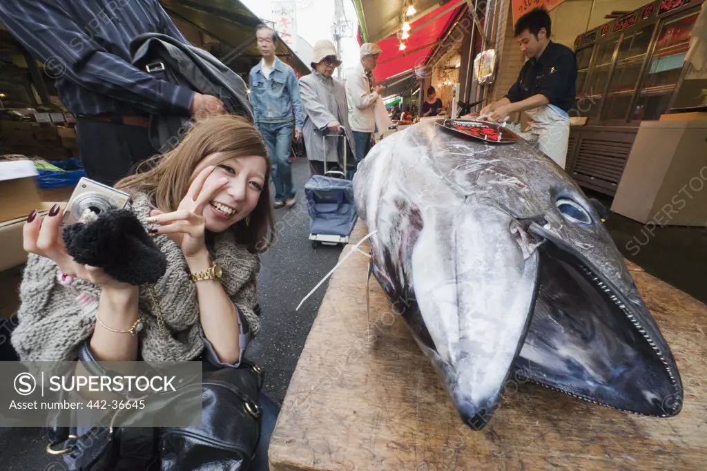 Tuna fish atall at a fish market, Tsukiji Fish Market, Tokyo, Japan