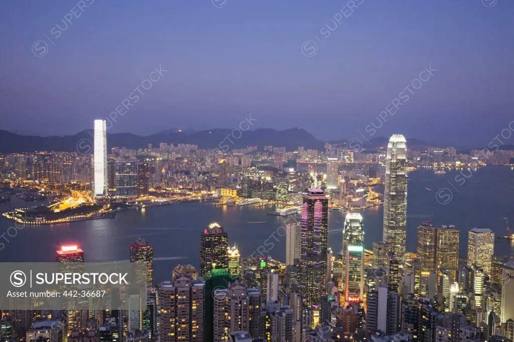High angle view of a city, Victoria Harbour, Hong Kong, China