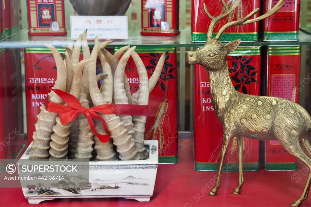 Window display of deer horns, Sheung Wan, Hong Kong, China
