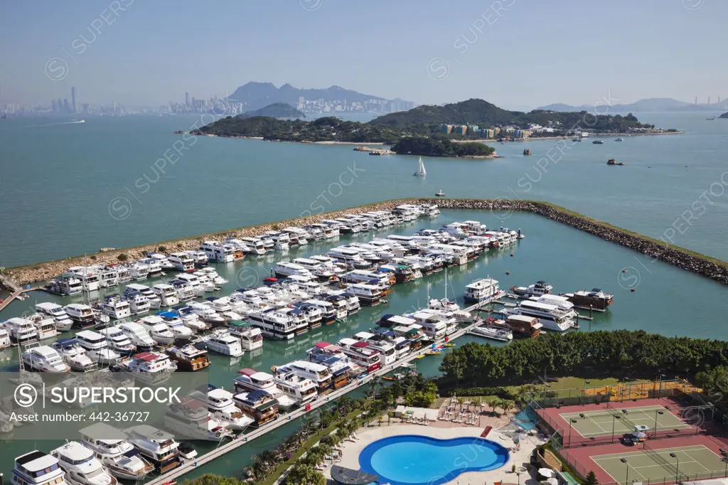 High angle view of yachts at a marina, Discovery Bay Marina Club, Discovery Bay, Lantau, Hong Kong, China