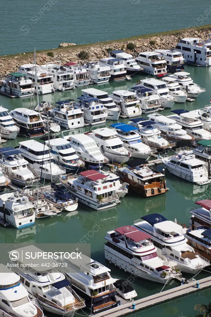 High angle view of yachts at a marina, Discovery Bay Marina Club, Discovery Bay, Lantau, Hong Kong, China
