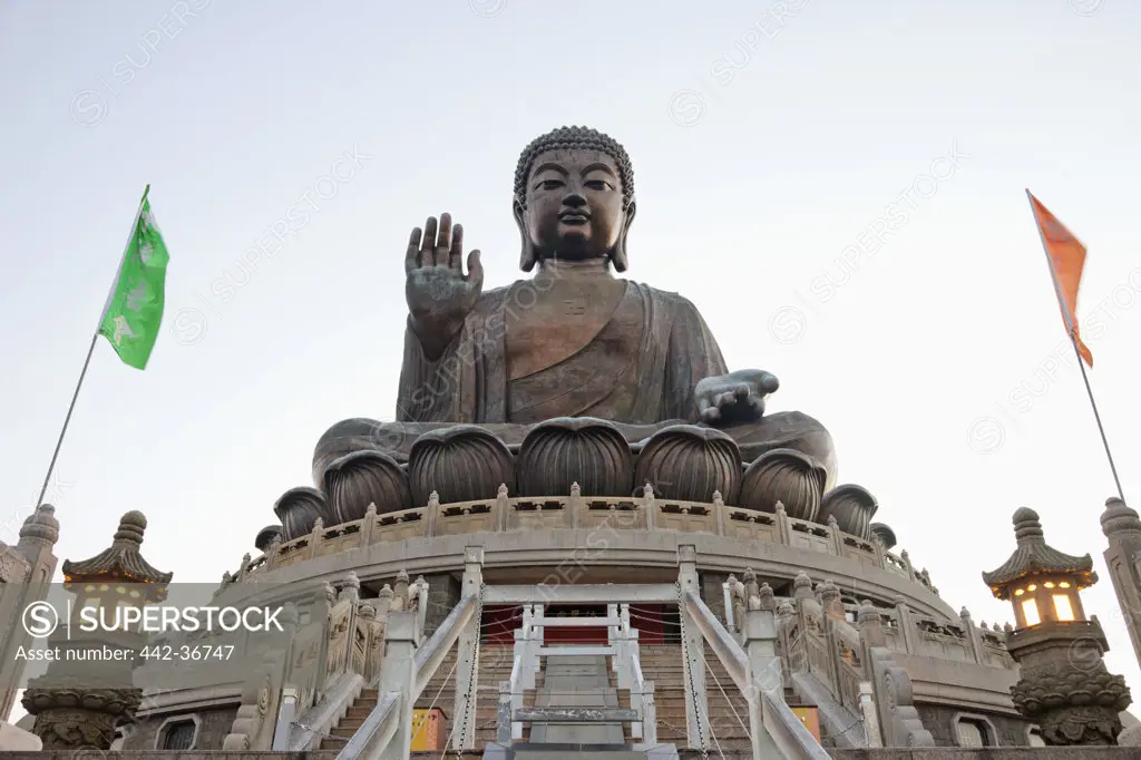 Low angle view of Tian Tan Buddha, Po Lin Monastery, Ngong Ping, Lantau, Hong Kong, China