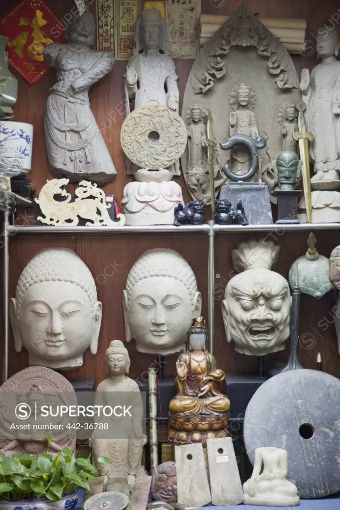 Artifacts on display at an antique store, Cat Street, Hollywood Road, Hong Kong, China