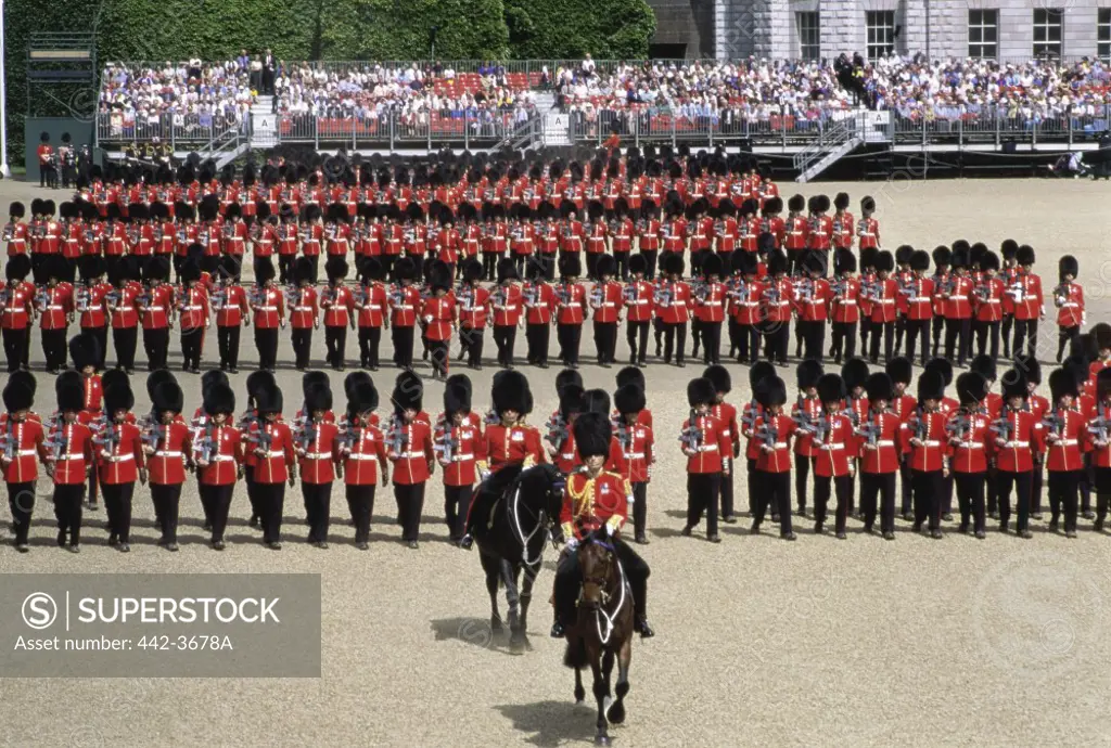 High angle view of a troop of British Royal Guards in a parade, Trooping the Colour, London, England