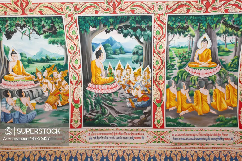 Wall paintings depicting the life of Buddha in the main prayer hall, Pha That Luang, Vientiane, Laos