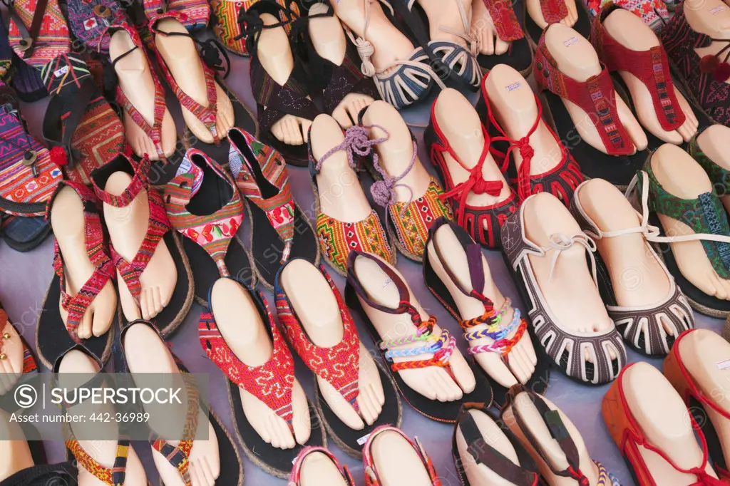 Shoe display at ethnic craft night market, Luang Phabang, Laos
