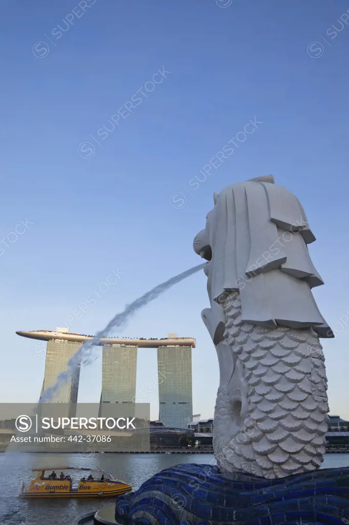 Merlion Statue with the Sands Hotel and Casino in the background, Singapore City, Singapore