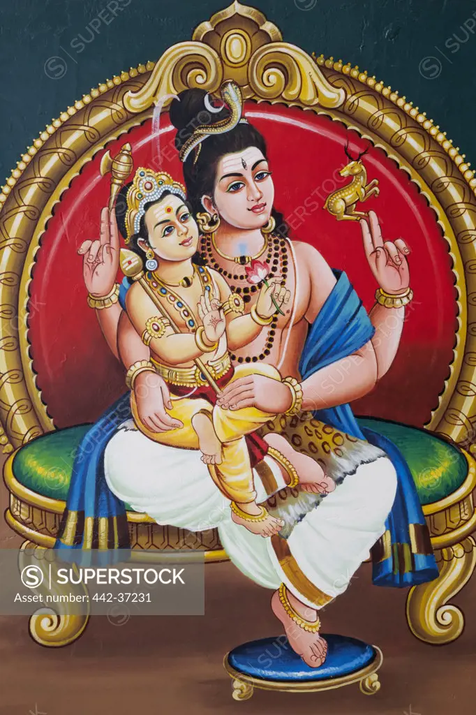 Painting of Hindu deities God Murugan and Lord Shiva in a temple, Sri Mariamman Temple, Singapore