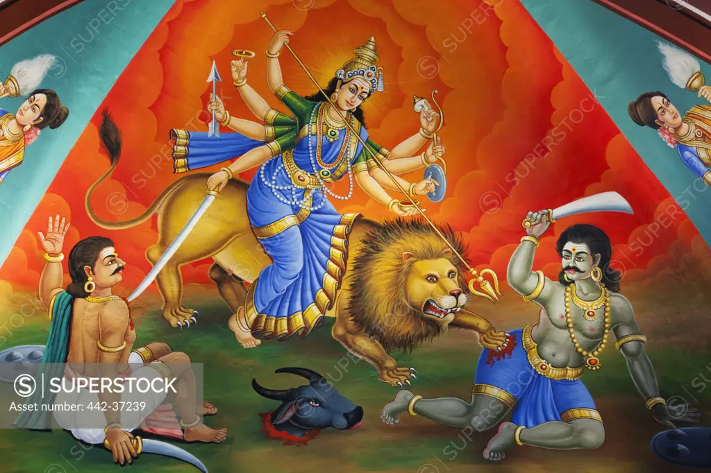 Painting of Hindu deity of Goddess Durga Mahishasur Mardini, Sri Mariamman Temple, Singapore