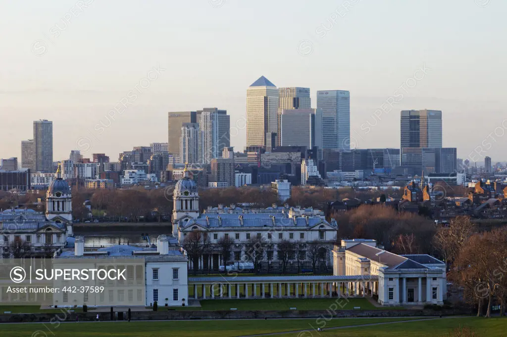 UK, England, London, Greenwich, View of Docklands from Greenwich Park