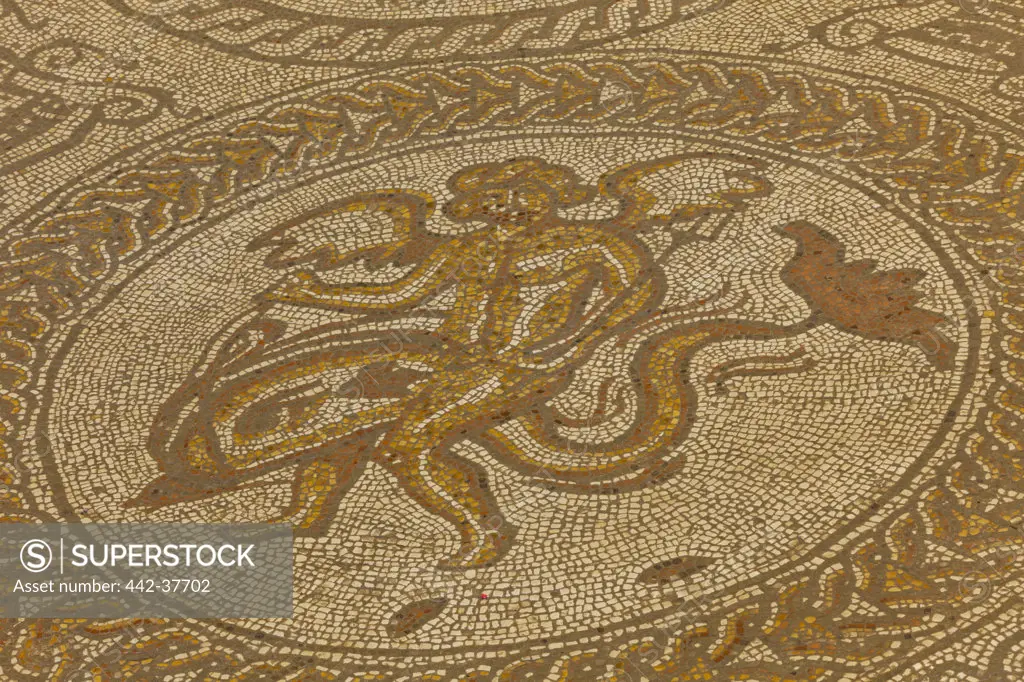 UK, England, West Sussex, Chichester, Fishbourne, The Roman Palace, Cupid on a Dolphin Mosaic